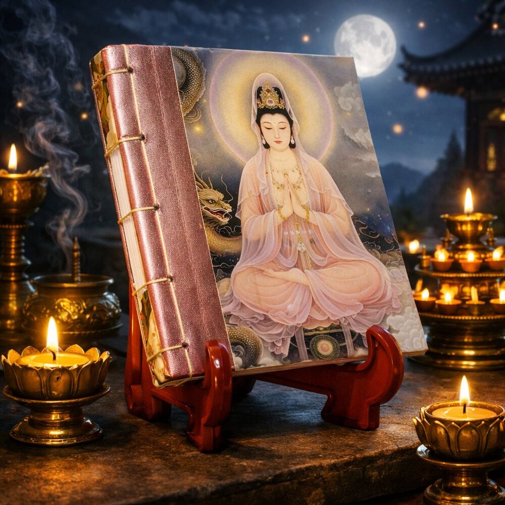 Handmade Journal GuanYin Buddha-5.5x4.5in Hardcover w/Stand Spiritual Blank Book